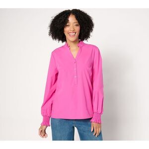 Studio Park Women's Top Sz L Ruffle Collar Smocked Cuff Henley Shirt Pink